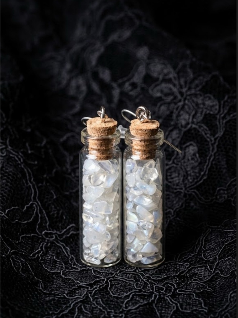 Handmade Opalite Crystal Chip Filled Glass Spell Bottle Drop Earrings
